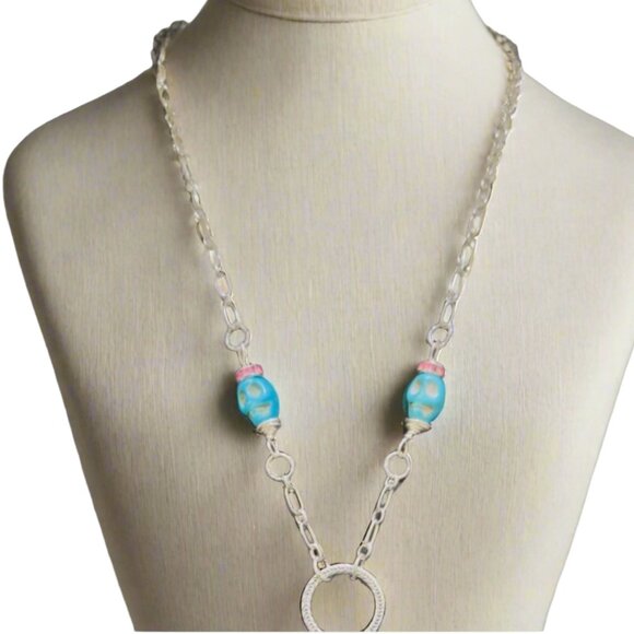 Silver & Glass Handcrafted Necklace La Dama Artisan Metalwork & Turquoise Skulls - Picture 7 of 14